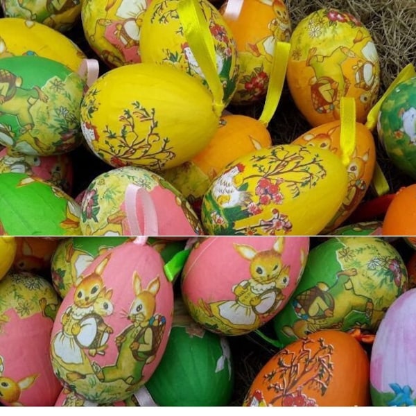 Easter Hanging Egg Decorations - Chicks/Rabbit Easter Egg | Easter Decorations | Hanging Paper Mache Eggs for Easter x 6