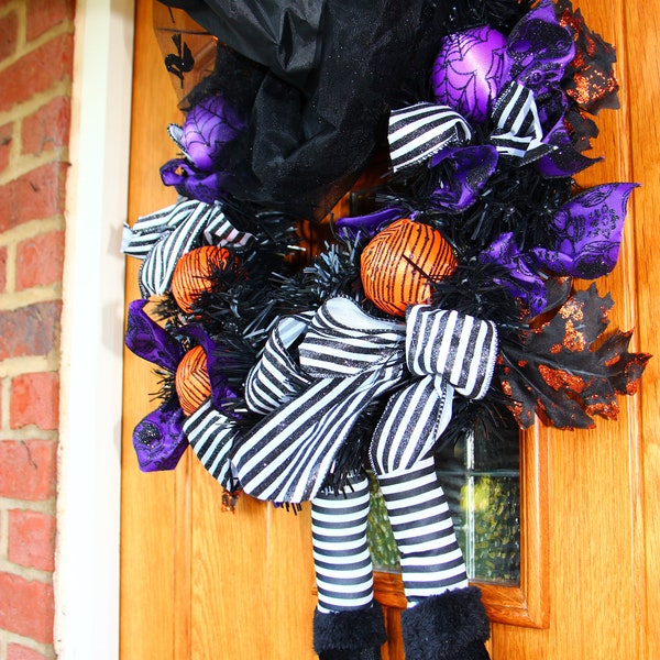 Witch Halloween Front Door Wreath | Fun Witches Hat Wreath with Dangly Legs | Spooky Door Garland | Halloween Door Décor | Only 7 Left!