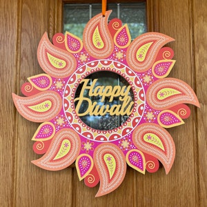 Corona para puerta de entrada de Diwali: decoración de porche con temática del Festival de las Luces, decoración de temporada brillante y colorida