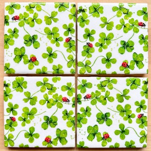 Handmade Lucky Clover Ladybug Ceramic Coaster Set