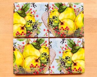 Unique handmade fruit basket ceramic tile coaster set, birthday gift for her, Mother’s Day gift, housewarming gift, elegant home decor, #C36