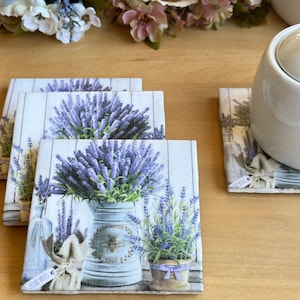 Handmade Lavender Garden Tile Coasters: Decoupage Ceramic Set