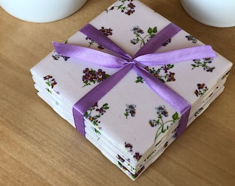 Handmade pastel purple  pink flowers ceramic tile coasters set, gift for her, Mother’s Day gift, kitchen decor, Valentine’s Day Holiday gift