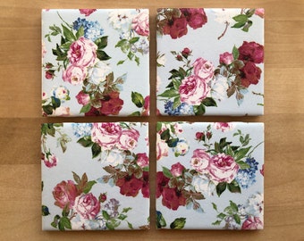 Handmade pink blue rose hydrangea flowers ceramic tile coasters sets, Valentine’s Day Mother’s Day gift, June birthday gift, flower lovers