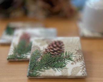 Handmade pine cones ceramic tile coasters set, birthday gift for her, Mother’s Day Father’s Day housewarming gift, pine cones decor, #C28