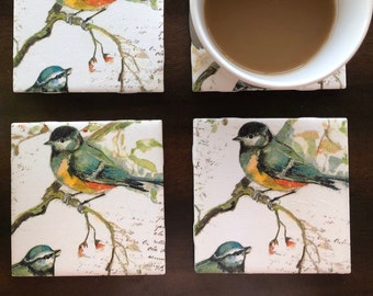 Handmade titmice bird ceramic tile coasters set, gift for bird lover, birthday gift, holiday gift, Mother’s Day gift, Father’s Day gift