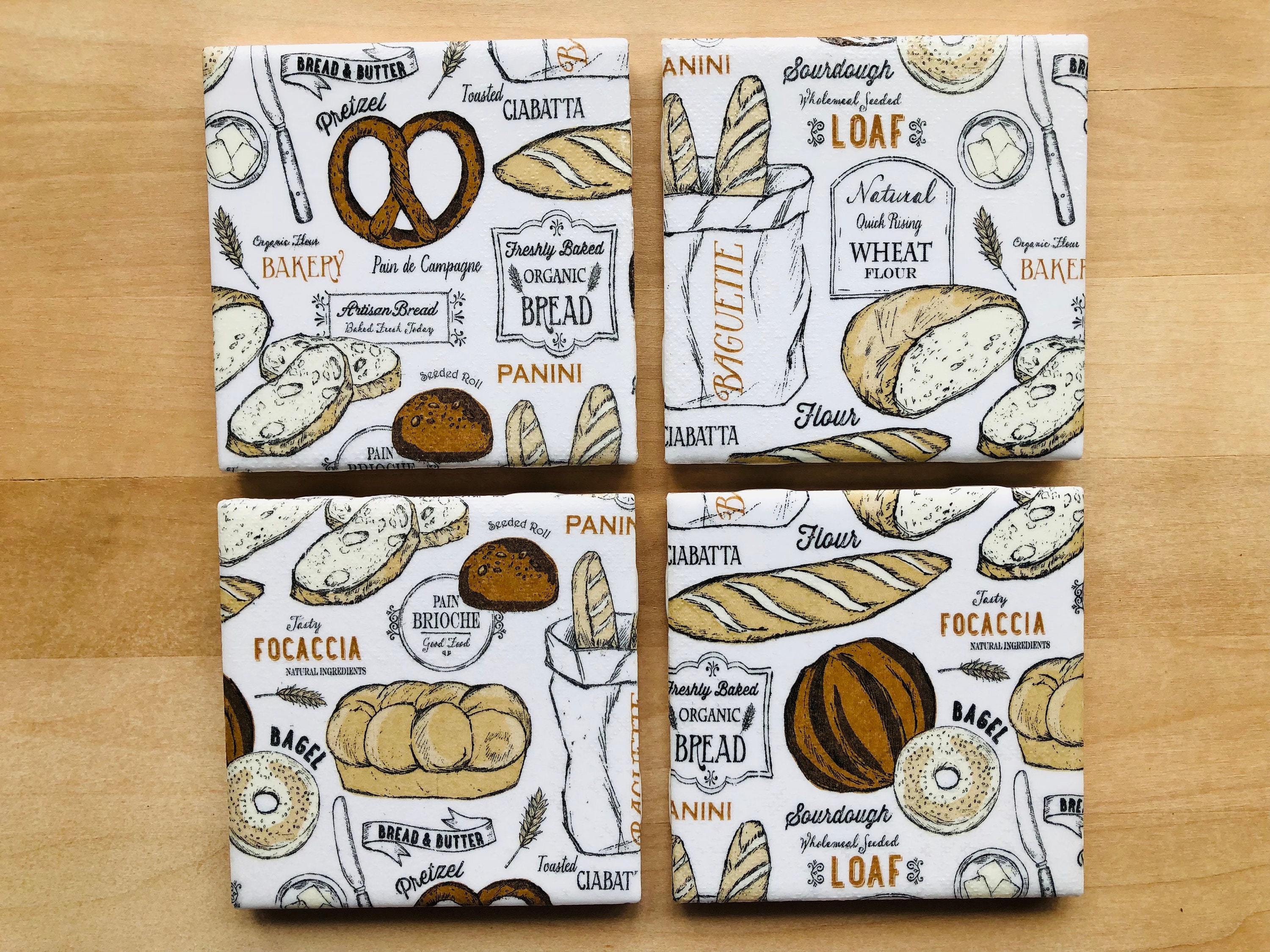 Handmade pastry bread baked items ceramic tile coasters set, housewarming gift, baking lover gift, Tea time coffee break table decor, #C22