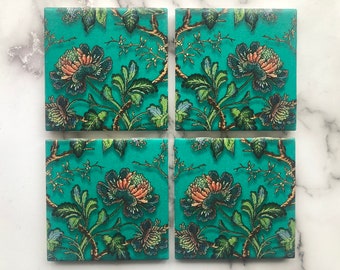 Handmade elegant emerald green flowers ceramic tile coasters set, birthday gift for her, Mother’s Day housewarming gift, best seller, #C13