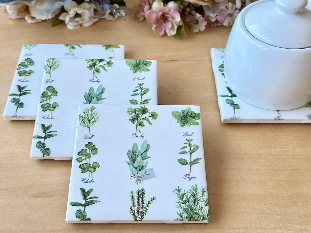 Herb Garden Ceramic Coasters Set: Botanic Home Decor - Etsy