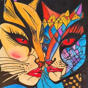 Abstract Cats Watercolor Painting – Unique Colorful Artwork