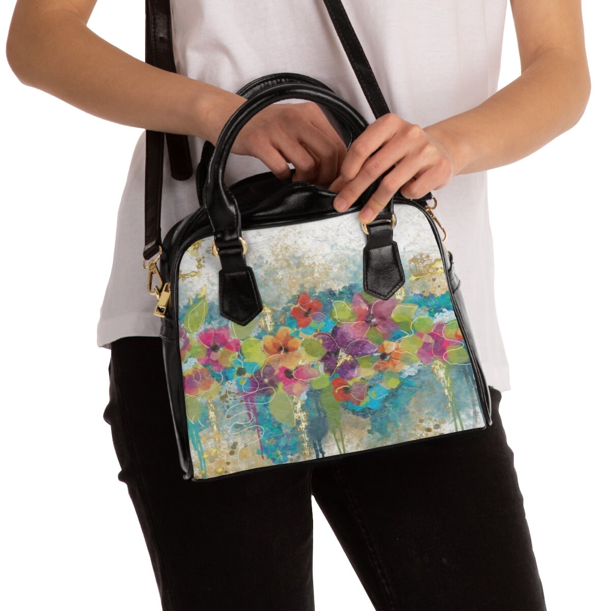 Pochette/Sac à Bandoulière Motif Floral Coloré - Cuir PU, Taille 23x14cm, Neuf Avec étiquettes, Fait Main