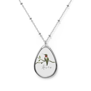 Personalized Hummingbird Necklace, Oval Pendant, Silver Customized Necklace, Hummingbird Lover, Gift For Her