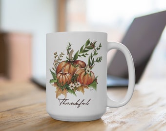 Pumpkin Coffee Mug, Large 15 ounce Coffee Mug, Fall Inspired Hot Beverage Mug, Durable Ceramic Mug, Coffee or Tea Lover Gift Idea