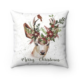 Merry Christmas Deer Pillow, Polyester Square Pillow, Large Christmas Pillow, Watercolor Deer with Cardinal Throw Pillow, Holiday Decor