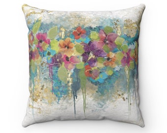 Bold Floral Polyester Square Pillow, Large Abstract Floral Pillow, Accent Pillow, Watercolor Floral Print Pillow