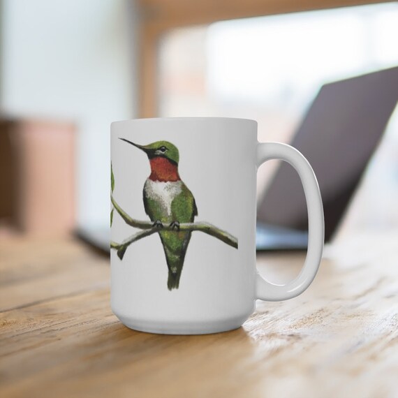Personalized Ruby-Throated Hummingbird Ceramic Mug - Custom Name, Vintage Floral Design, 11oz Or 15oz - View #2