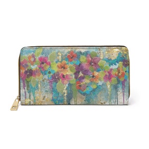 Cartera de cremallera floral para chequera, tarjetas de crédito y licencia de conducir, cuero sintético duradero y libre de crueldad