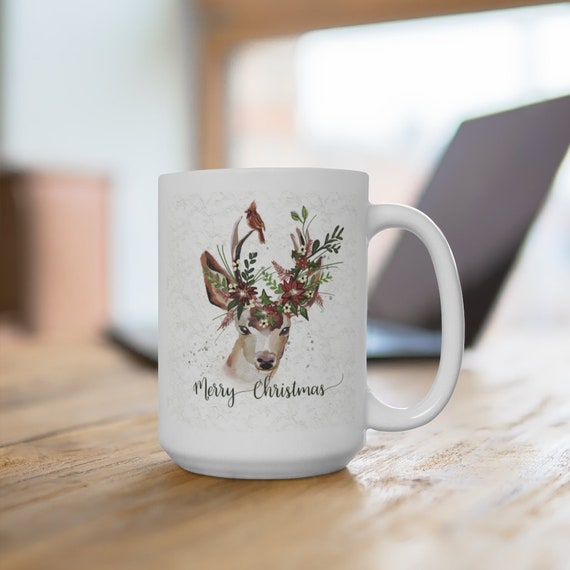 Deer and Cardinal Christmas Coffee Mug: Holiday Ceramic Mug
