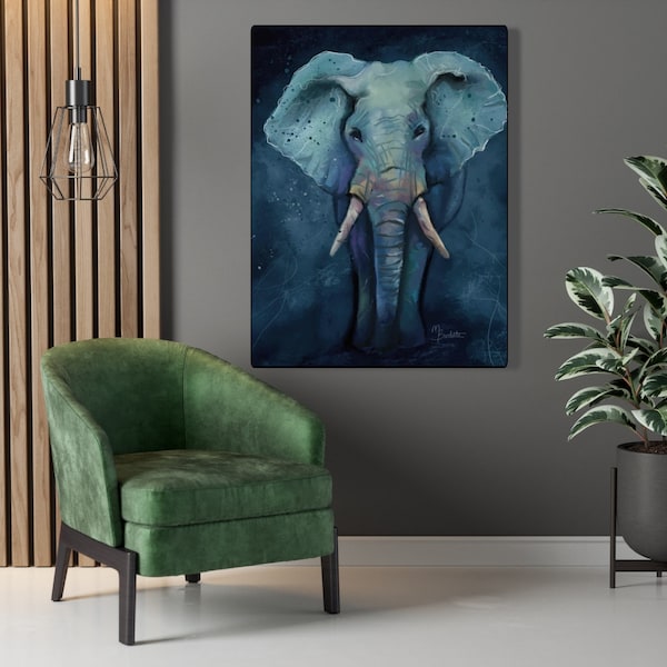 Blue Elephant Canvas Wall Art, Large Elephant Painting, Modern Elephant Wall Decor, Spirit Animal Art, Ready To Hang Wall Art