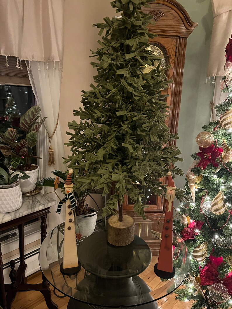 42 Inch Green Wool Pine Tree With Real Tree Base, Christmas Tree