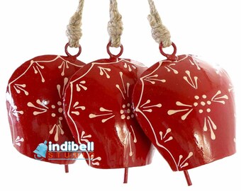 3 Red Hand Painted Christmas Cow Bells, Holiday Front door Wreath Decor Bell, Hanging Door Decoration Bells with Jute Rope
