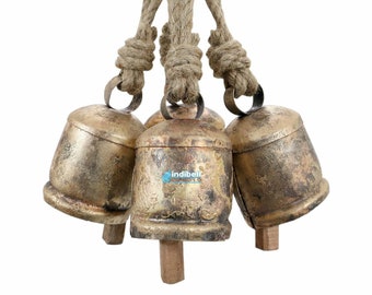 Rustic Vintage Cylindrical Tin Cow Bells, Recycled Iron Gold Antique Look Clay Fired Bells - Set of 4 | 3.5 Inch