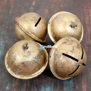 4 Large Antique Rustic Jingle Bells 3&quot; Farmhouse Christmas Xmas Hanging Sleigh Bells, Decorative Wreath Front Door Round Rattle Bells