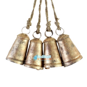 Christmas Mantel Decor Rustic Bells, Taper Tin Hanging Brass Bells on Jute for Tree Porch Patio Front Door Holiday Decorations