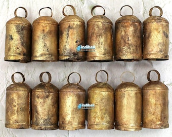12 Vintage Rustic Gold Cow Bells, Cylindrical Rounded Top Cowbells, 2.75" Inches Gold Antique DIY Wreath Wind Chime Craft Bells