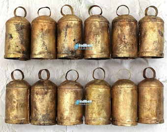 12 Vintage Rustic Iron Tin Bells, Cylindrical Recycled Rounded Top Iron Tin Cow Bells, 2.75" Inches Gold Antique DIY Wreath Wind Chime Craft