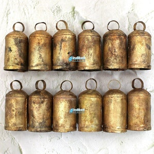 12 Vintage Rustic Iron Tin Bells, Cylindrical Recycled Rounded Top Cow Bells, 2.75&quot; Inches Gold Antique DIY Wreath Wind Chime Craft Bells