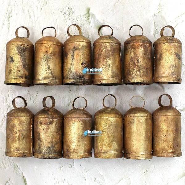 12 Vintage Rustic Iron Tin Bells, Cylindrical Recycled Rounded Top Iron Tin Cow Bells, 2.75" Inches Gold Antique DIY Wreath Wind Chime Craft