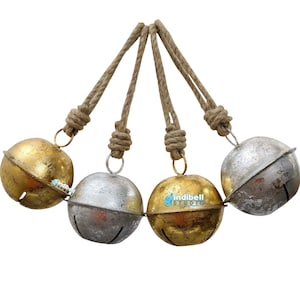 Large Christmas Jingle Sleigh Bells 4 PCS, Round Wreath Decor Rattle Bells, Glittery Gold Silver Metal door hanger Bells