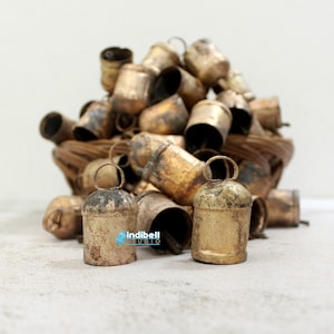 90 Handmade Recycled Tin Bells Rounded Top Iron Farmhouse Rustic Bells, 2&quot; Craft Supply Windchime Noah Indian Cow Bells, Vintage Gold