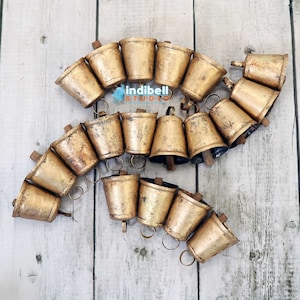 8 Rustic Gold Christmas Cow Bells for Wreaths 3 Inches, Rustic Antique Vintage Style Recycled Bucket bells, DIY Decorative Bells