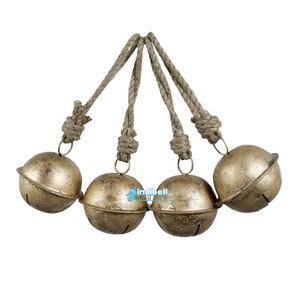 4 Large Rustic Gold Tin Jingle Bells, Winter Home Decor Accents, Vintage Antique Bohemian Decoration