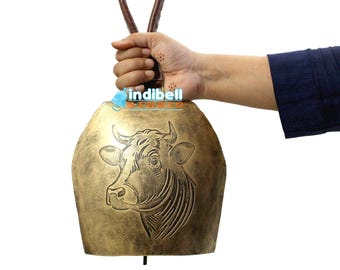 Vintage Gold Swiss Cow Bell on Leather Strap, Wall Hanging Bell, Large Farmhouse Decor for Mantel Fireplace Front Porch Patio Garden Outdoor