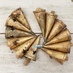 12 GROSSE rustikale Kegeldose Noah-Kuhglocken, Windspielglocken, antike indische Glocken im Vintage-Stil, Holzglocke mit Stürmerstern