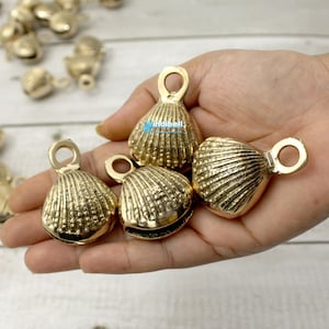 Large Sea Shell Brass Sleigh Bells Decor, Beach Ocean Theme Golden Decorative Bells Wedding Favors