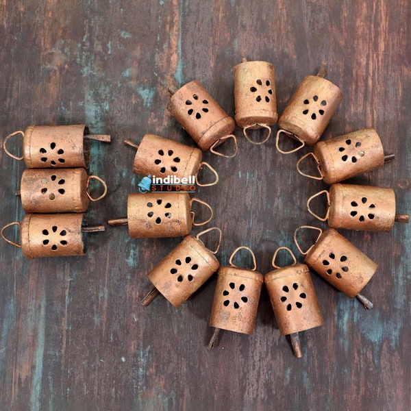 12 Flower Stamped Copper Rustic Mug Bells, Recycled Iron Art Tin Bells, Home Decor Craft Supply Wind Chimes Bells for Garland