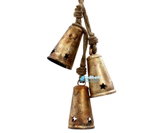 Golden Rustic Garden Cow Bells India with pentacle star stamped with sisal rope jute Craft hanging Iron Bell wooden striker 3-6 PC