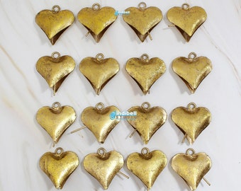 12 Goden Tin Vintage Style Heart Bells of 2.5 Inch, Golden Foil color for Wreaths & Decor with Metal Strikers Indian Puffy Heart Bell