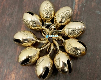 Vintage Antique Brass Sleigh Bells, Flower Carved Long Gold Sleigh Bells, DIY Crafting, Carved Decorative Hanging Indian Brass Bells