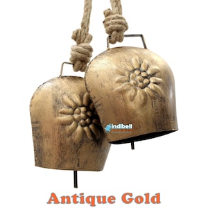 2 Large Edelweiss Swiss Style Cow Bells, 5&quot; Golden Iron Metal Flower Stamped Swiss Style Cowbell