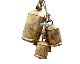 Large Golden Rustic Farmhouse cow bells, (8+6+4 Inch) Antique looking Metal dinner bell, Rustic garden hanging cow bells iron tin