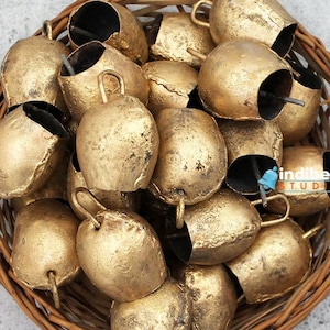 Small Indian Rustic Cow Bells Gold Mongolian Bells, Rustic Vintage Antique Round Cowbells (24 / 50 | 1.5&quot; Inch), Christmas Tree Bells
