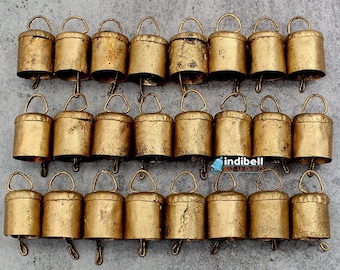 Handmade Recycled Brass Tin Mug Bells with Metal Ringer for Sweet Sound - Wind Chimes, Craft Projects (Set of 24 Rustic Gold 1.5 inch)