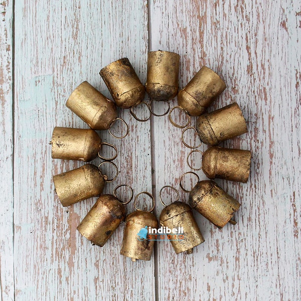 24 RUSTIC FARMHOUSE Tin Bells Hewn Gold Metal Clappers in 2 inch Size - Shabby Chic Cowbell - Xmas Tree, Holiday, Wedding Bell