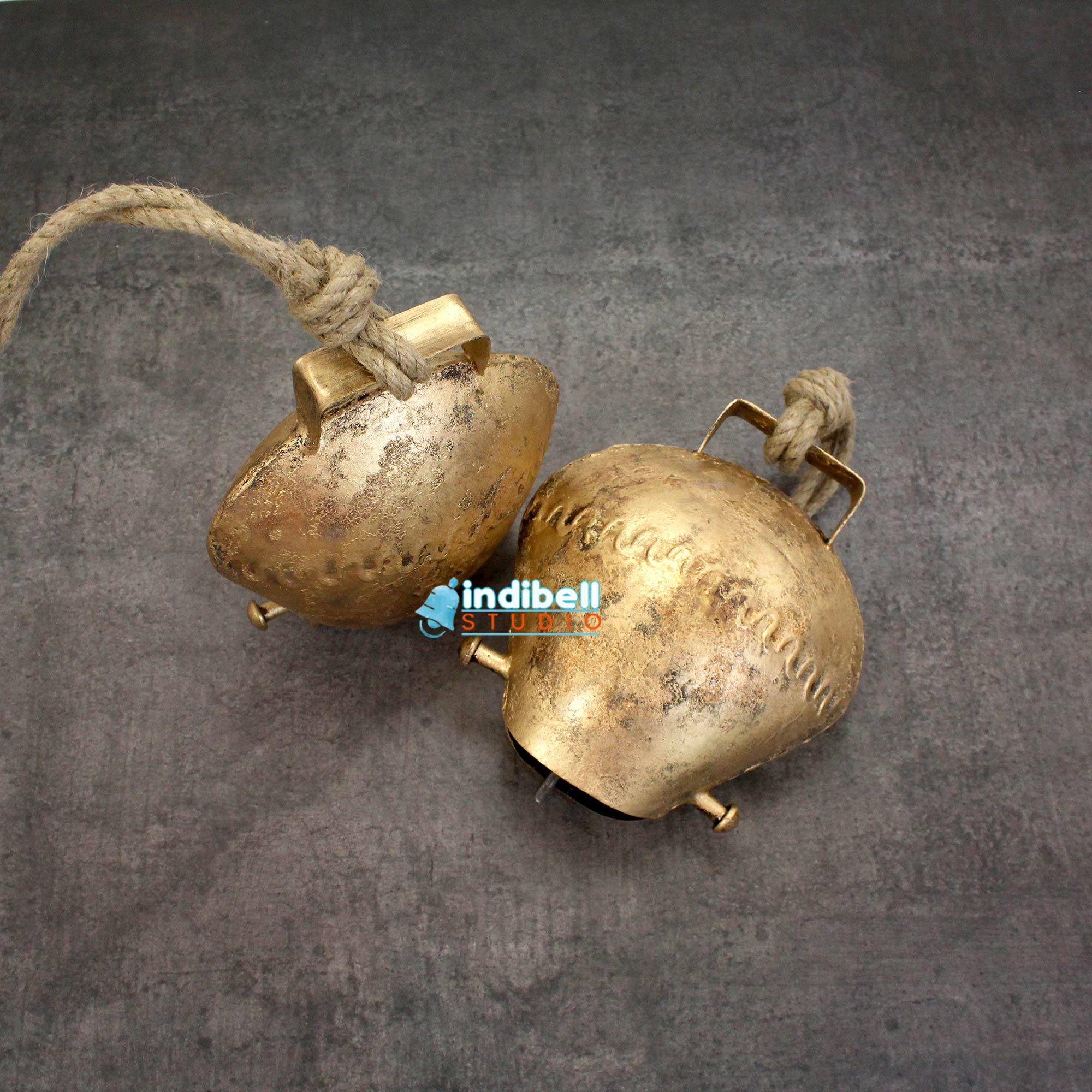 2 LARGE Rustic Gold SWISS Cow Bell, Wave Design Switzerland Bells