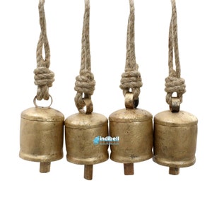 4 Vintage Rustic Christmas Cow Bells, Gold Recycled Iron Tin Old World Antique Bells, 3" Inch, Set of 4 Cowbell on rope